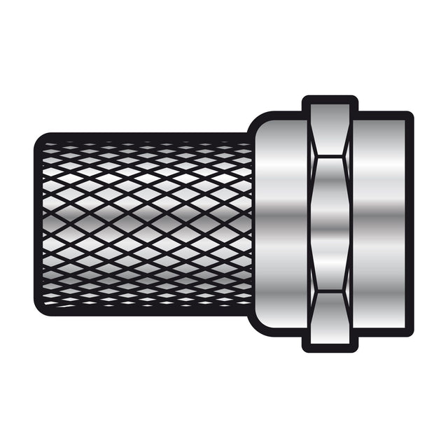 AV:Link F-type twist-on connector for 5mm RG58 coaxial cable, nickel-plated metal body with knurled grip and hexagonal threaded collar, on white.