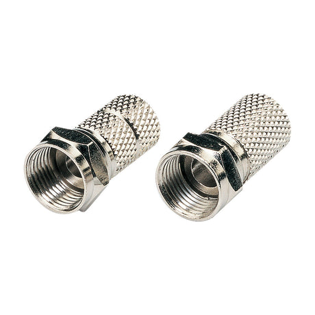 AV:Link twist-on F connectors for RG58 5mm coaxial cable, pair of nickel-plated threaded terminations with knurled grips shown on a white background.