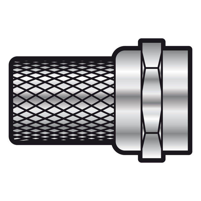 Illustration of the AV:Link F Connector Twist On for RG58 Cable, featuring a metallic hose fitting with a hexagonal nut and textured surface. The design exhibits a mesh-like pattern on the left side, similar to an RG58 cable, complemented by a polished, shiny connector on the right. This fitting seems designed for use in plumbing or hydraulic systems.