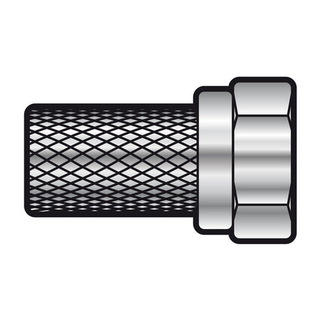 AV:Link twist-on F connector for RG6 aerial cable, with knurled zinc alloy barrel and hex nut end, shown on a white background.