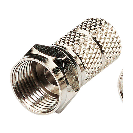 AV:Link twist-on F connector with knurled zinc alloy barrel and threaded coaxial end for RG6 aerial cable, on a white background.
