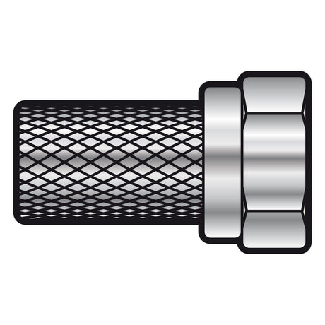 AV:Link STV19F F Connector Twist On features a braided metal hose with a hexagonal nut fitting at one end, constructed from zinc alloy. The hose exhibits a mesh-like texture, and the polished metallic finish of the nut fitting contrasts elegantly against the plain white background.