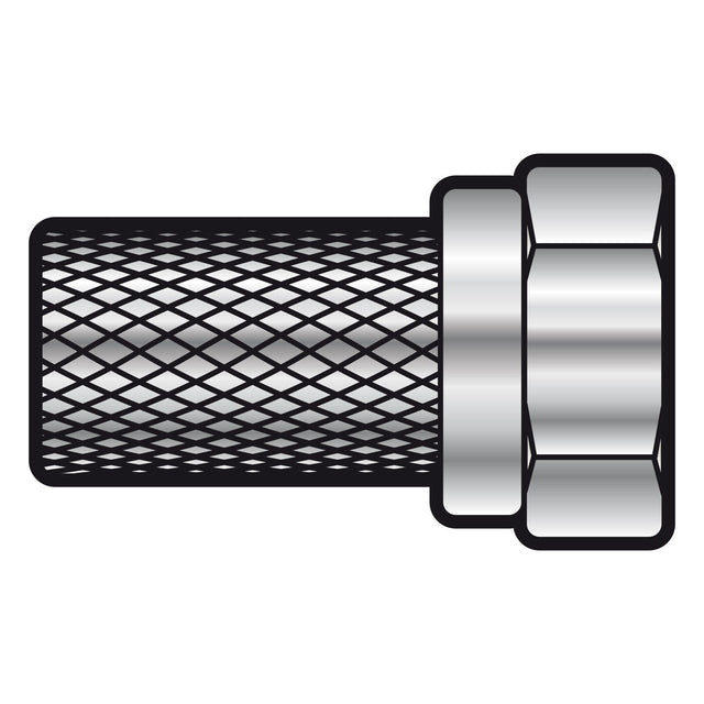 AV:Link STV19F F Connector Twist On features a braided metal hose with a hexagonal nut fitting at one end, constructed from zinc alloy. The hose exhibits a mesh-like texture, and the polished metallic finish of the nut fitting contrasts elegantly against the plain white background.