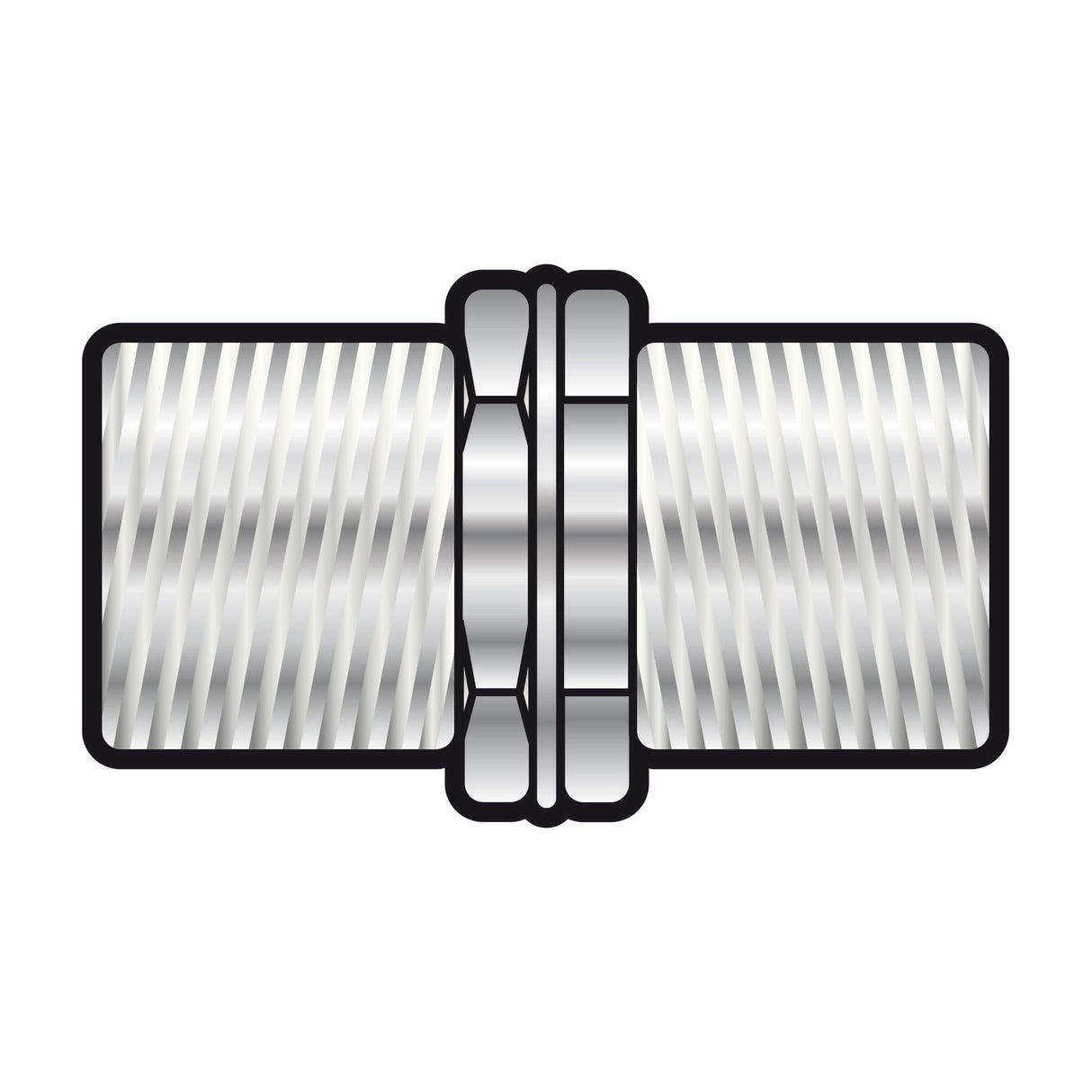 AVSL F female to F female inline RF coupler with threaded zinc alloy barrel and central hex nut, shown on a plain white background.