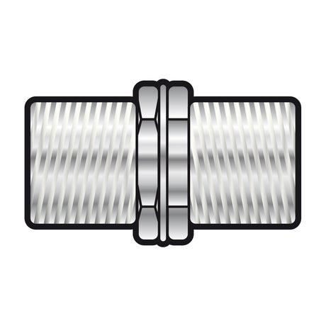 AVSL F female to F female inline RF coupler with threaded zinc alloy barrel and central hex nut, shown on a plain white background.