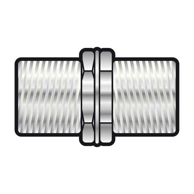 AVSL F female to F female inline RF coupler with threaded zinc alloy barrel and central hex nut, shown on a plain white background.