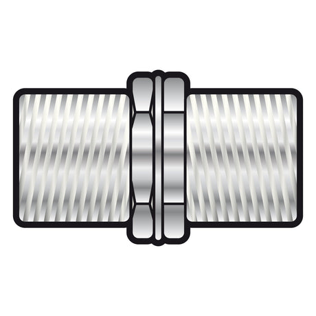 Illustration of the Coupler F Female - F Female, a metallic threaded cylindrical connector with two distinct segments joined by a central ring, resembling an RF aerial. The visible threads and shiny, textured surface highlight its role in multimedia connections.