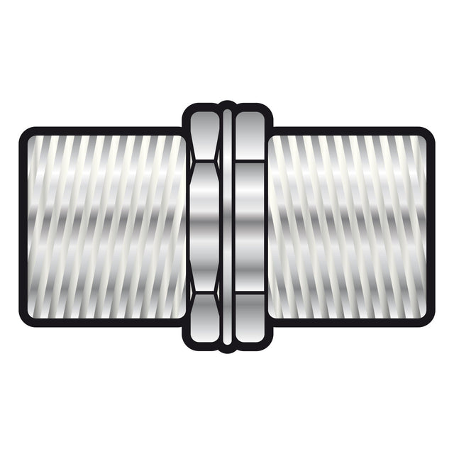 Illustration of the Coupler F Female - F Female, a metallic threaded cylindrical connector with two distinct segments joined by a central ring, resembling an RF aerial. The visible threads and shiny, textured surface highlight its role in multimedia connections.