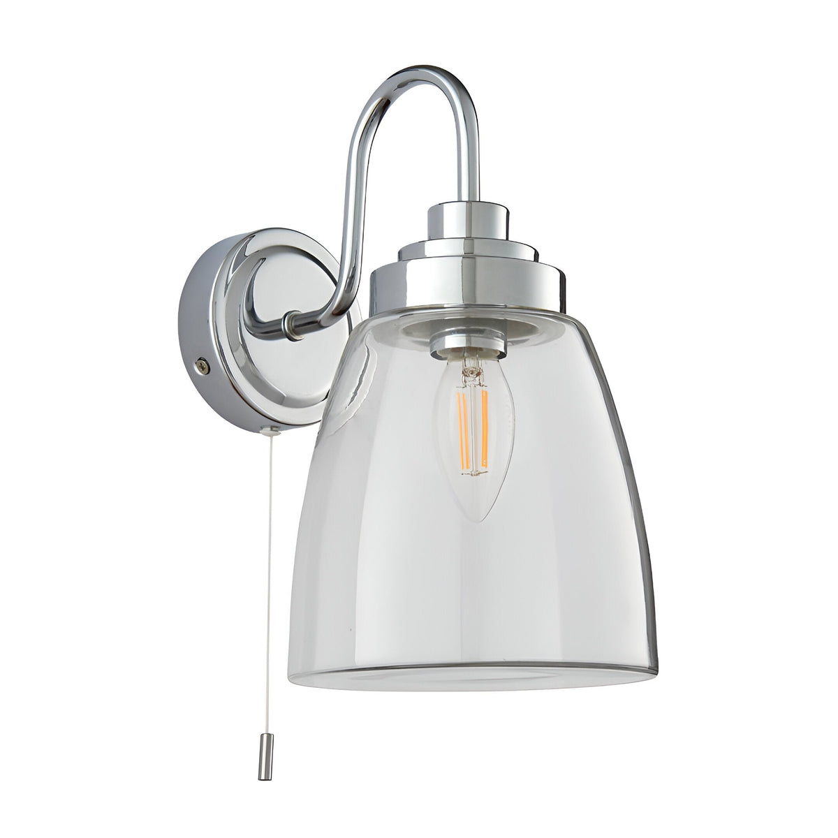 Endon Aldhurst chrome bathroom wall light with curved arm, clear glass bell shade, E14 filament bulb and pull cord switch on a plain background.