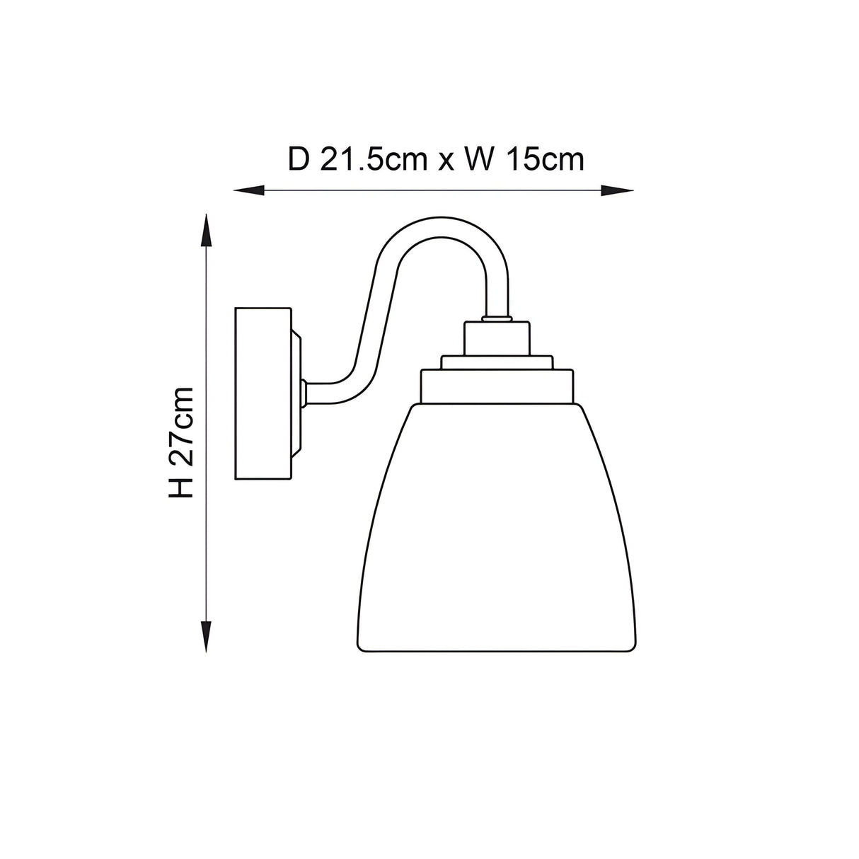 Dimension diagram of the Endon Aldhurst chrome bathroom wall light showing 27cm height, 15cm width, and 21.5cm projection on a white background.