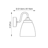 Dimension diagram of the Endon Aldhurst chrome bathroom wall light showing 27cm height, 15cm width, and 21.5cm projection on a white background.