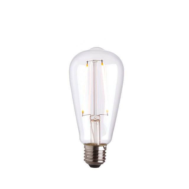 Endon 2W E27 LED filament pear bulb with clear glass, visible warm white filament, and metal screw cap, shown on a plain white background.
