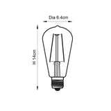 Endon 2W E27 LED filament pear bulb dimension diagram showing 14cm height and 6.4cm diameter with E27 screw cap base on a white background.