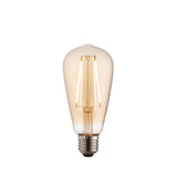 Endon 2W E27 LED filament pear bulb with amber tinted glass and slim vertical filaments above a metal screw cap, shown on a plain white background.