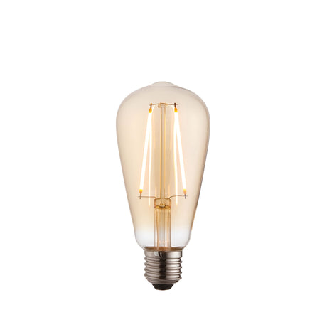 Endon 2W E27 LED filament pear bulb with amber tinted glass and slim vertical filaments above a metal screw cap, shown on a plain white background.
