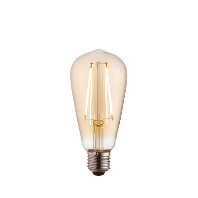 Endon 2W E27 LED filament pear bulb with amber tinted glass and slim vertical filaments above a metal screw cap, shown on a plain white background.