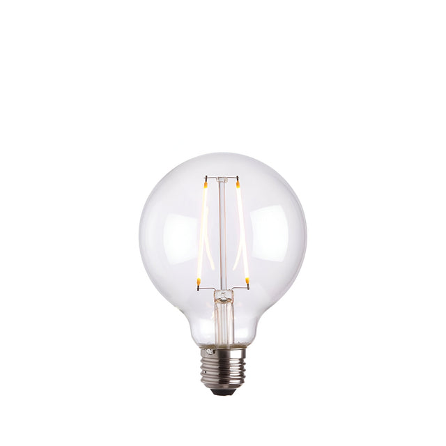 2W E27 LED filament globe bulb with clear glass, visible warm white filaments, and a nickel-toned screw cap, shown on a plain white background.