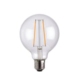Clear glass E27 LED filament globe bulb with two visible orange filaments and a screw cap base, shown on a plain white background.