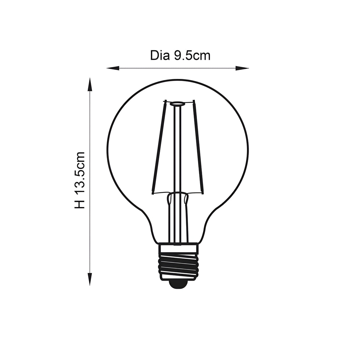 Line drawing of a G95 clear glass globe LED filament bulb with E27 screw cap, showing visible filaments and dimensions Dia 9.5cm x H 13.5cm.
