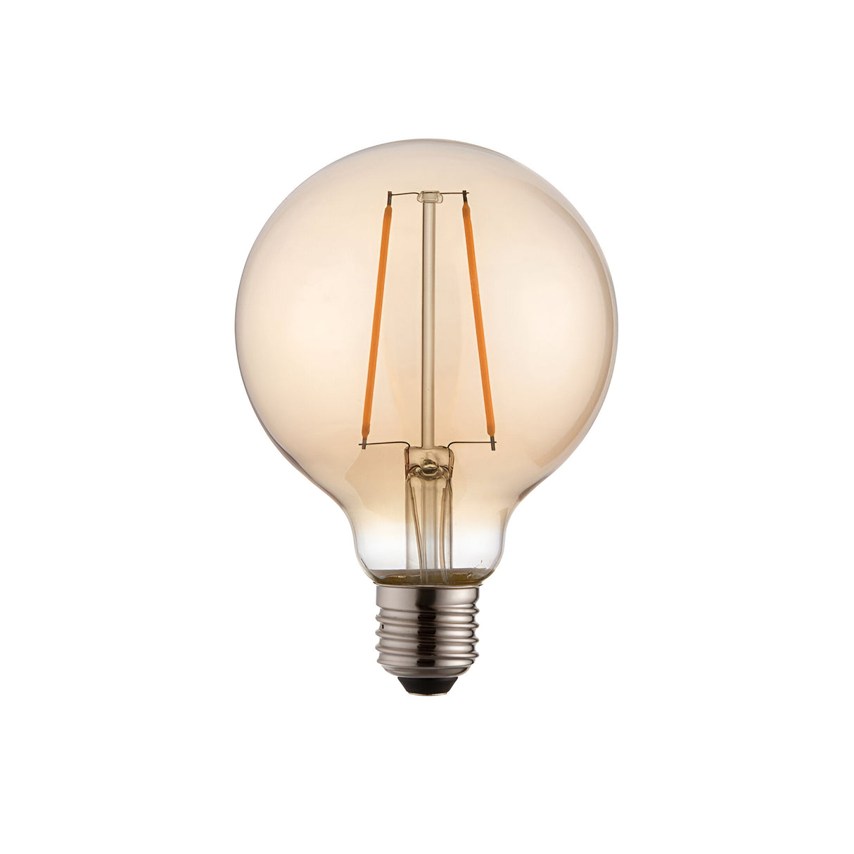 2W E27 LED filament globe bulb with amber tinted glass and visible orange filaments, warm white non-dimmable light, on a plain white background.
