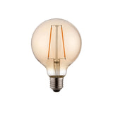 2W E27 LED filament globe bulb with amber tinted glass and visible orange filaments, warm white non-dimmable light, on a plain white background.