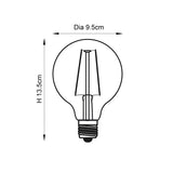 Line drawing of a G95 globe LED filament bulb with E27 screw cap, showing dimensions Dia 9.5cm and H 13.5cm on a white background.