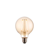 2W E27 LED filament globe bulb with amber tinted glass and visible filaments above a screw cap, shown on a plain white background.