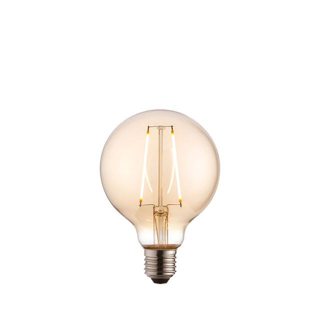 2W E27 LED filament globe bulb with amber tinted glass and visible filaments above a screw cap, shown on a plain white background.