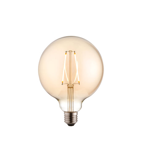 Endon 2W E27 LED filament globe bulb with amber tinted 125mm glass and warm white filament above a screw cap, shown on a plain white background.