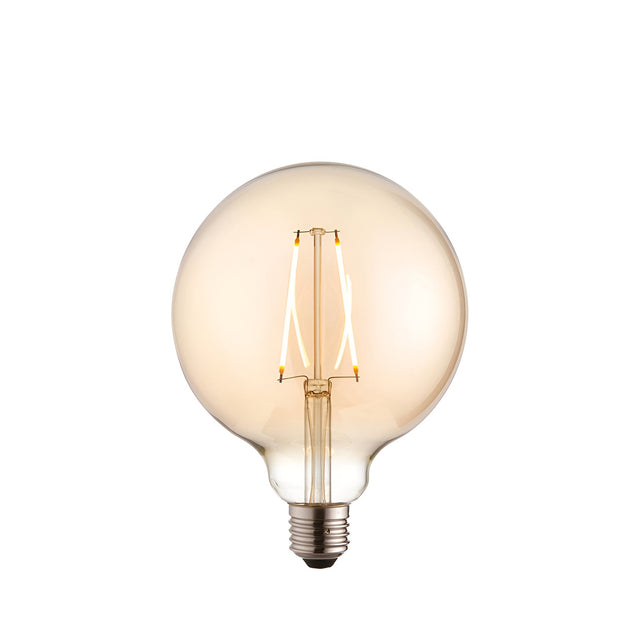 Endon 2W E27 LED filament globe bulb with amber tinted 125mm glass and warm white filament above a screw cap, shown on a plain white background.