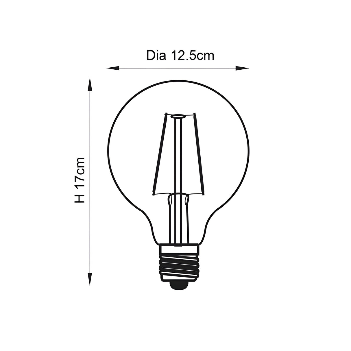 Dimensioned line drawing of the Endon 2W E27 LED filament globe bulb showing 12.5cm diameter and 17cm height with E27 screw cap.