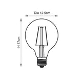 Dimensioned line drawing of the Endon 2W E27 LED filament globe bulb showing 12.5cm diameter and 17cm height with E27 screw cap.