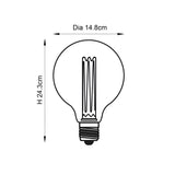 Line drawing of a 2.5W E27 LED clear globe bulb with visible filament and screw fitting, labelled Dia 14.8cm and H 24.3cm.