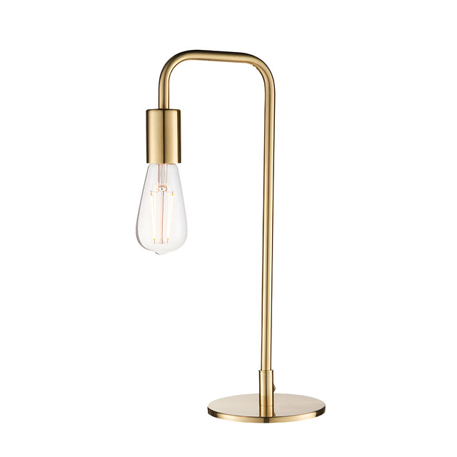 Endon Cliffgrove table lamp in brushed brass with a slim angled arm, round base, toggle switch and exposed E27 filament bulb, on a white background.