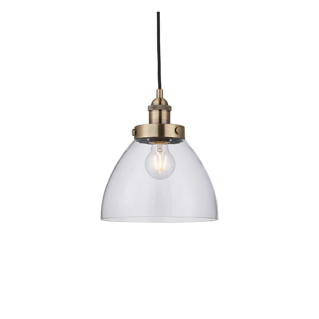 Endon Wentworth small industrial pendant light with clear glass dome shade, knurled antique brass lamp holder and black flex, on a white background.
