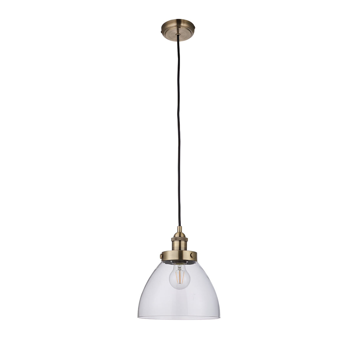 Endon Wentworth industrial pendant light with clear glass dome shade, knurled brass lamp holder, black fabric flex and matching brass ceiling rose.