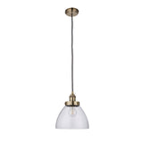Endon Wentworth industrial pendant light with clear glass dome shade, knurled brass lamp holder, black fabric flex and matching brass ceiling rose.