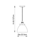 Dimension diagram of Endon Wentworth brass pendant light showing 22.5cm shade diameter and adjustable 40-127cm height on plain background.