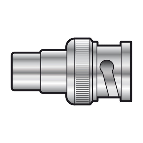 AV:Link BNC plug to RCA socket adapter by AVSL, a nickel-plated barrel connector with knurled grip and bayonet lock, shown on a plain white background.