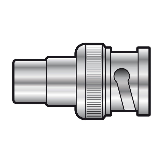 AV:Link BNC plug to RCA socket adapter by AVSL, a nickel-plated barrel connector with knurled grip and bayonet lock, shown on a plain white background.