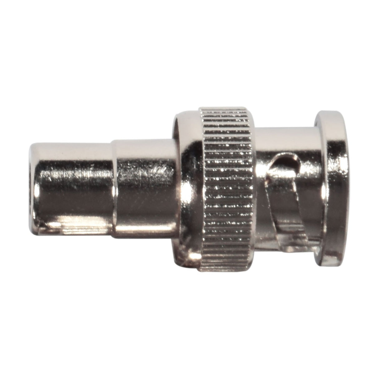 AV:Link BNC plug to RCA socket adapter by AVSL, a nickel-plated barrel connector with knurled grip ring and bayonet lock, shown on a white background.