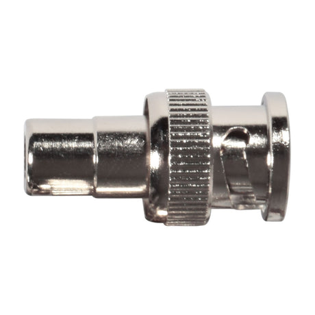 AV:Link BNC plug to RCA socket adapter by AVSL, a nickel-plated barrel connector with knurled grip ring and bayonet lock, shown on a white background.