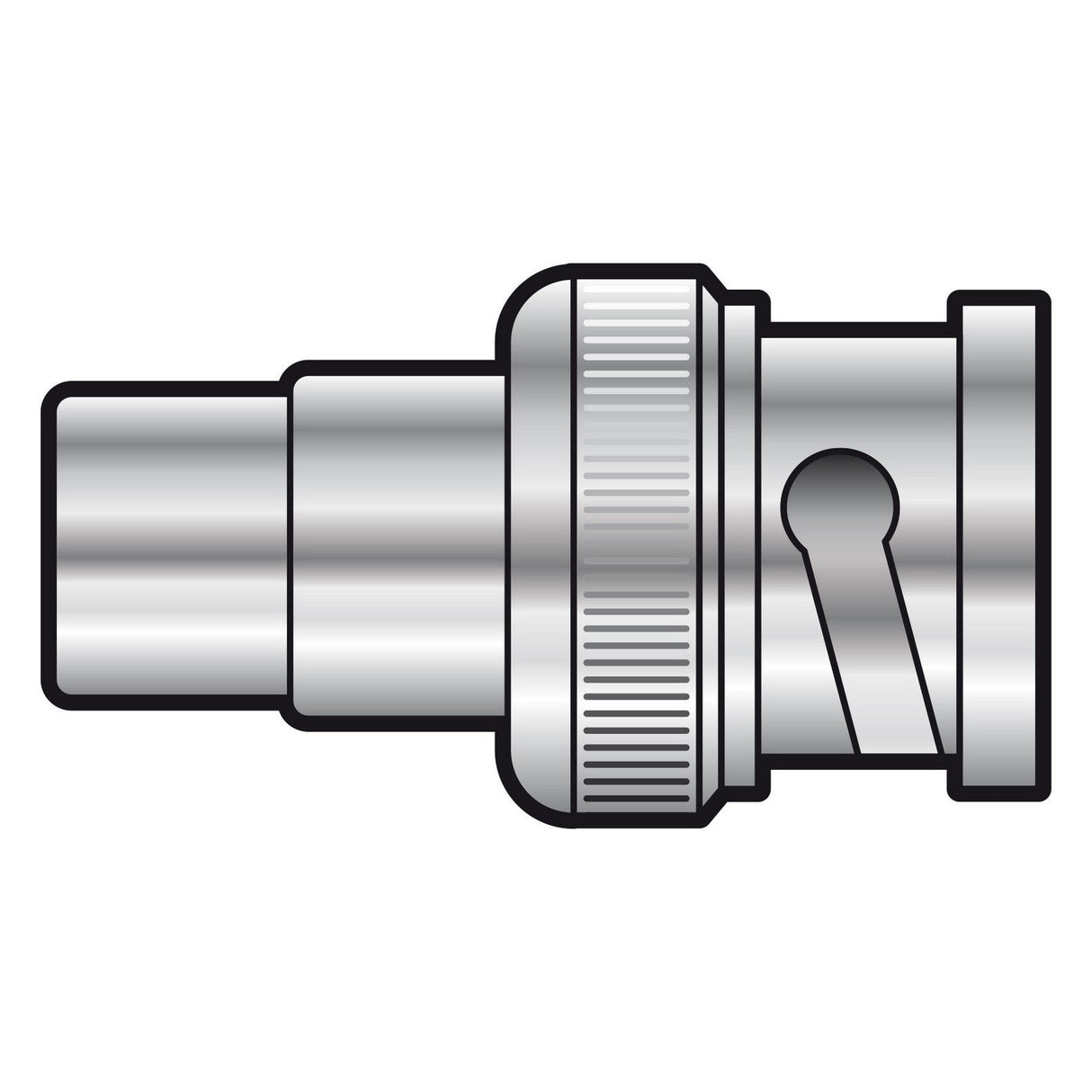 Illustration of the AV:Link Adaptor RCA Socket - BNC Plug, showcasing its metallic, cylindrical design with a ribbed collar. This connector boasts a shiny surface and features a side locking mechanism. The white background emphasizes its precision for composite video applications.