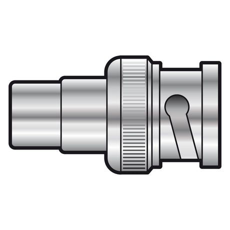 Illustration of the AV:Link Adaptor RCA Socket - BNC Plug, showcasing its metallic, cylindrical design with a ribbed collar. This connector boasts a shiny surface and features a side locking mechanism. The white background emphasizes its precision for composite video applications.