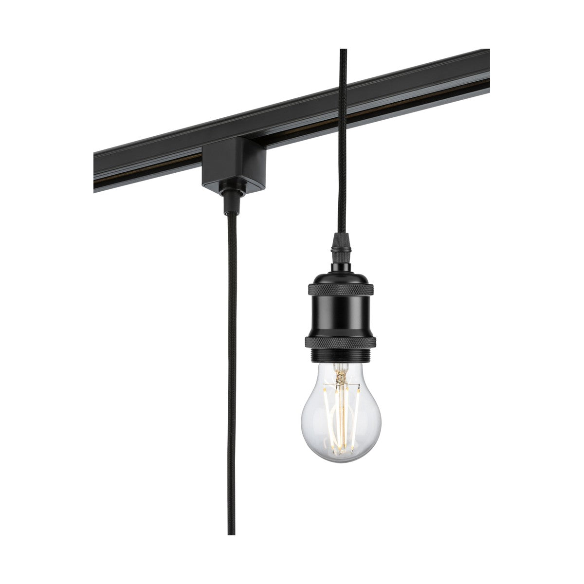 The 1.8M E27 Vintage Track Pendant - Black features a vintage metal design with an exposed filament bulb, hanging from a track system. This minimalistic fixture highlights an industrial style and is TRKxx compatible, complete with a cord and simple socket that suits modern or vintage-inspired interiors.