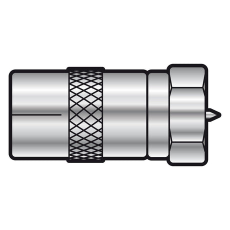 Illustration of the AV:Link Adaptor Coaxial Socket - F Plug with a shiny cylindrical body and a knurled grip section. It features a protruding pin on one end for aerial connections, seamlessly fitting into various setups.