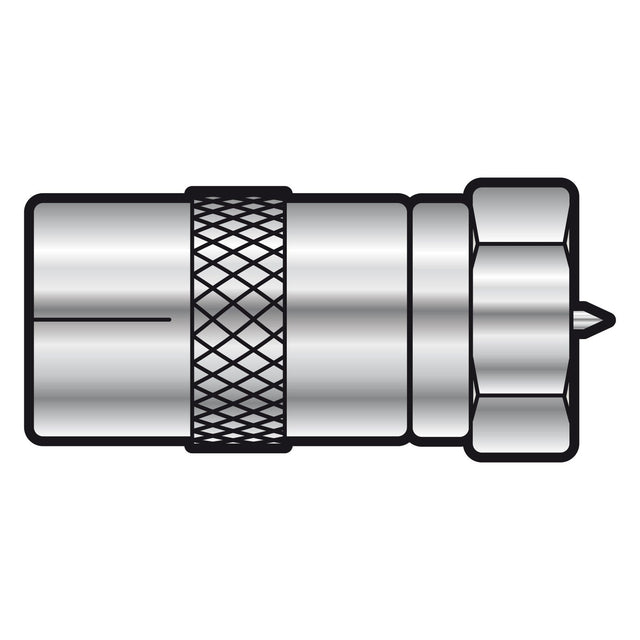 Illustration of the AV:Link Adaptor Coaxial Socket - F Plug with a shiny cylindrical body and a knurled grip section. It features a protruding pin on one end for aerial connections, seamlessly fitting into various setups.