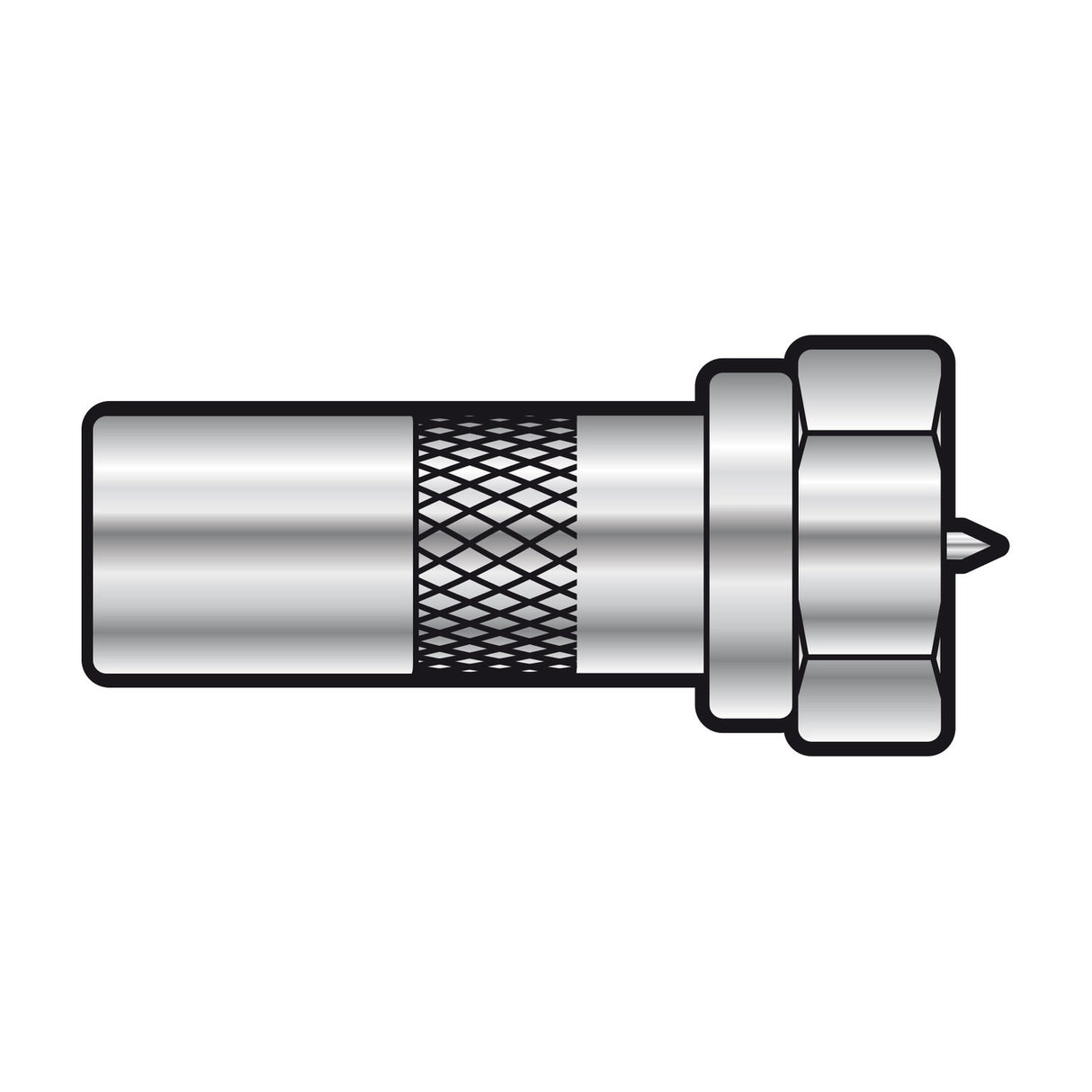 AV:Link F plug to coax TV plug adaptor with nickel-plated brass body, knurled grip section and hex nut, shown on a plain white background.