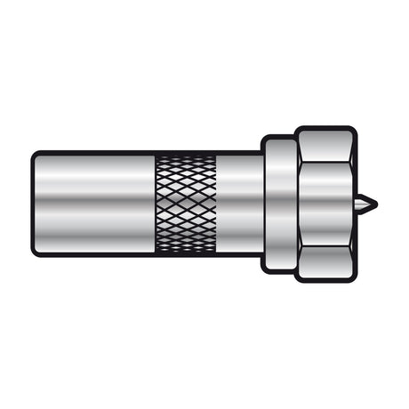 AV:Link F plug to coax TV plug adaptor with nickel-plated brass body, knurled grip section and hex nut, shown on a plain white background.