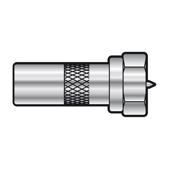 AV:Link F plug to coax TV plug adaptor with nickel-plated brass body, knurled grip section and hex nut, shown on a plain white background.